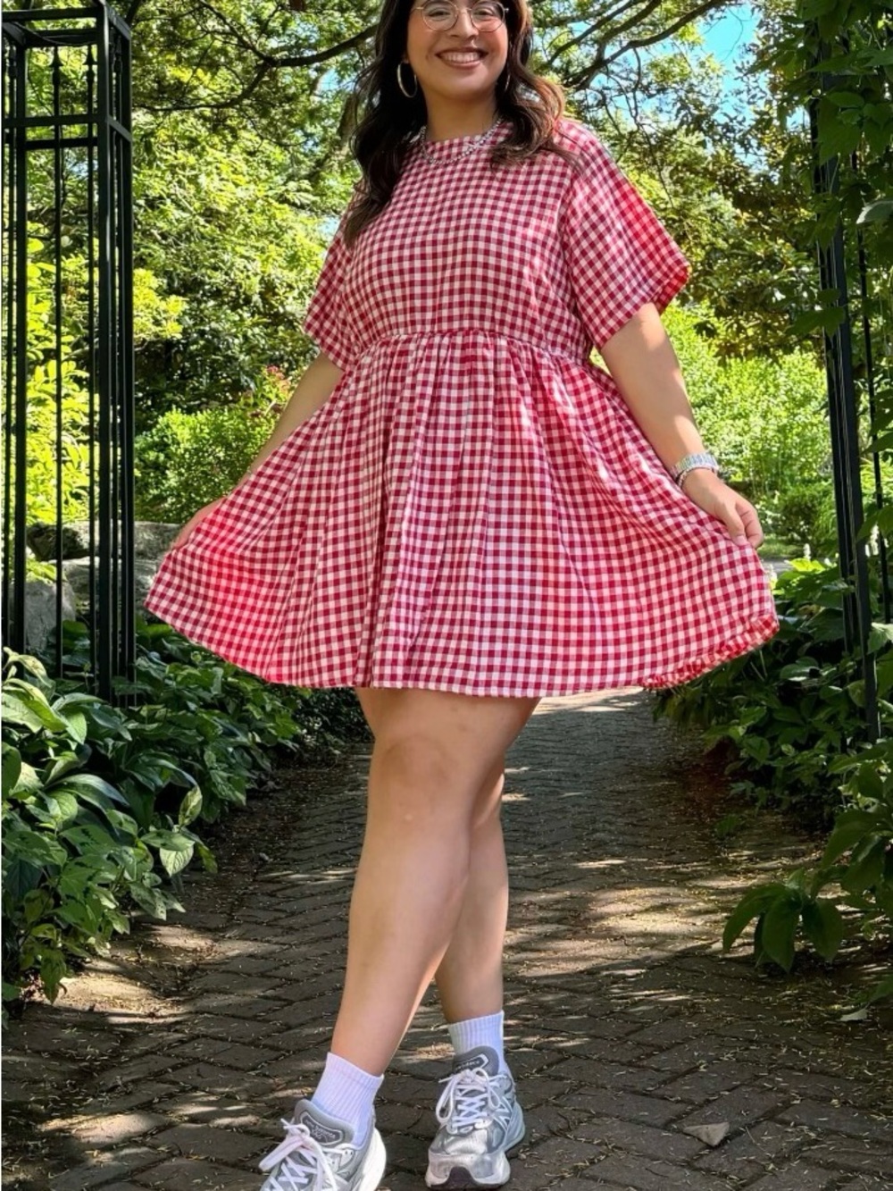 Red Gingham Short-Sleeve Smocked Waist Casual Dress for Women